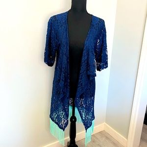 LulaRoe Monroe Navy Lace Open Front Beach Kimono NWT